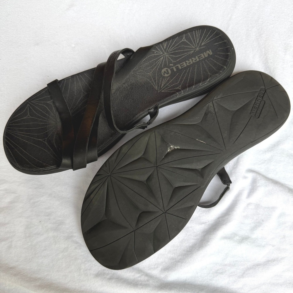 Merrell Terran Lattice II Black Leather Strappy Slide Sandals Womens EUC